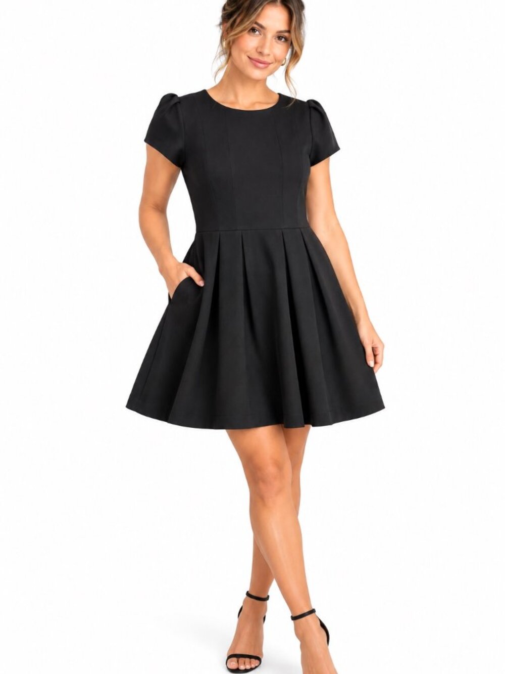 Zara Women's Large Black Pleated A-Line Fit Flare Mini Dress Short Sleeve Pocket